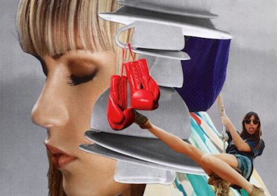 Collage, Papier, Frauenporträt mit geschlossenen Augen, Profil links, Tassenturm von der Decke herab, eine Frau schwingt an einem Seil daran, rote Boxhandschuhe
