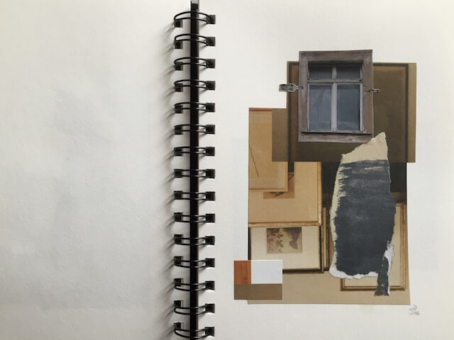Fenster alt, ringsum braune, graue Schnipsel, Collage, Papier
