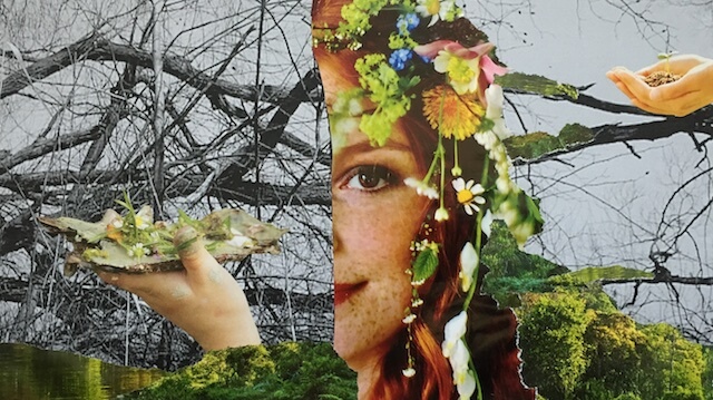 Collage, Papier, Frauenporträt halb mit Blumenschmuck im roten Haar, vor Ästen in sw, zwei Hände, grün, Frühling